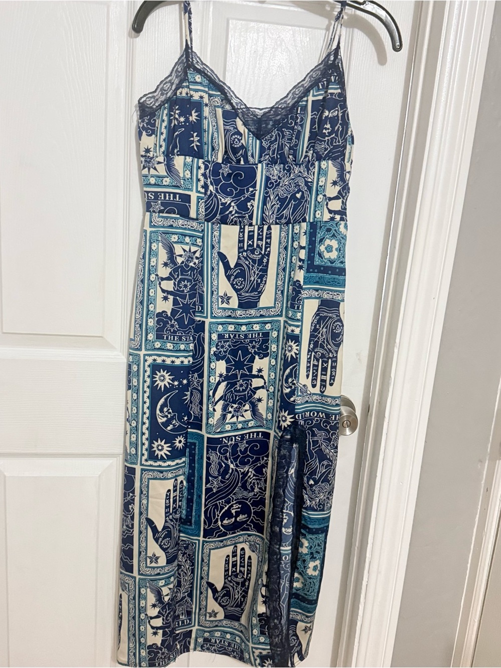 Urban Outfitters Navy and Cream Tarot Print Maxi Slip Dress